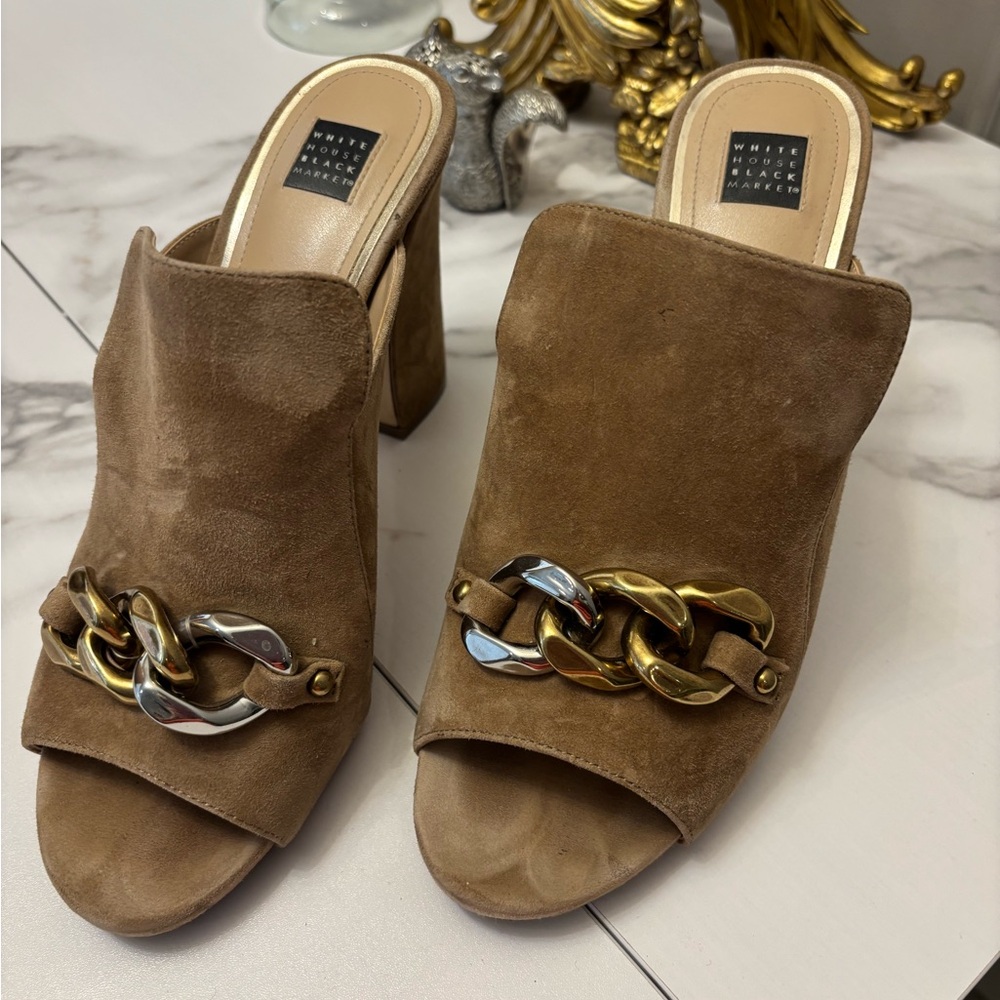 White House Black Market Tan Suede Mules with Chain Detail